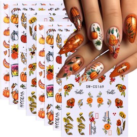 8 Sheets Fall Nail Stickers for Nail Art Thanksgiving Day Pumpkin Flower Maple Leaf Nail Decals 3D Self-Adhesive Autumn Nails Art Sticker Holiday Acrylic Salon Manicure Decoration Accessories