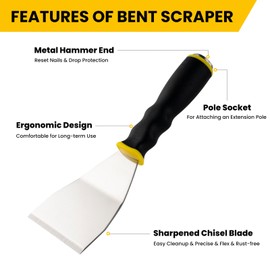 Mister Rui 3" Bent Scraper, Heavy Duty Paint Scraper Tool with Pole Socket Hammer End, Stainless Steel Bent Blade with Anti Slip Rubber Handle, Curved Floor Scraper for Cleaning, Removing, Repairing