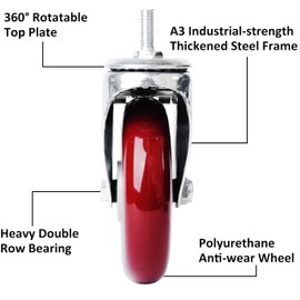 Finnhomy Swivel Caster Wheels 5 Inch Threaded Stem Casters Set of 4 Heavy Duty 3/8"-16 x 1 with Brake Polyurethane Industrial Locking Castors Wheels for Cart/Furniture 2200 Lbs Smooth Casters, Red