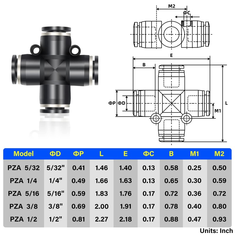 TAILONZ PNEUMATIC 4 Way 1/4 Inch OD Straight Push Fittings