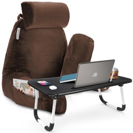 Clara Clark Reading Pillow with Portable Lap Desk for laptop Set, Back Pillow for Sitting Up in Bed, Memory Foam Back Support Pillow, Bed Rest Pillow with Foldable Laptop Desk, Large - Chocolate Brown