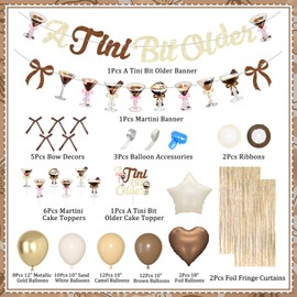 Ouddy Party A Tini Bit Older Birthday Decorations, Gold Brown Glitter Tiny Bit Older Banner Balloon Garland Cake Toppers Bows Fringe Curtain for Girls Women Espresso Martini Bar Bachelorette Party Decor Supplies