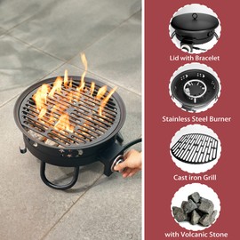 DOINUO Outdoor Portable Gas Fire Pit with Volcanic Stone, Valve Knob Ignition Gas Fire Bowl, Perfect for Camping, RV Travel, 17Inch 58,000 BTU Black