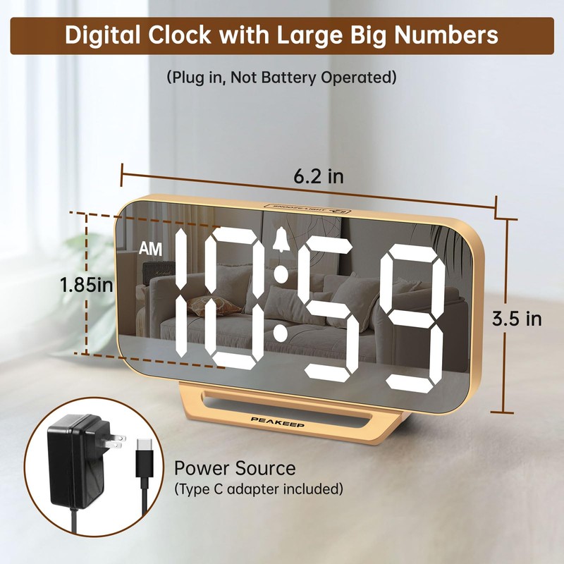 Peakeep Slim Digital Mirror Aesthetic Alarm Clock for Bedrooms Desk