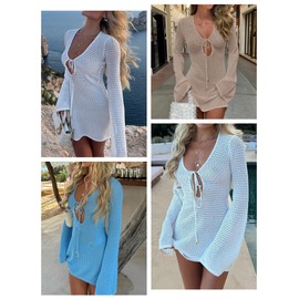 ANRABESS Beach Cover Ups for Women Crochet Swimsuit Bathing Suit Swimwear Bikini Mesh Knit Dress 2025 Summer Vacation Outfits Small Khaki