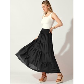 Allegra K Women's Boho Skirts Summer Smocked Elastic Waist Tiered A-Line Beach Maxi Skirt Black Small