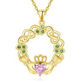 Dreamboat Sterling Silver Claddagh Necklace for Women Celtic Knot Irish Necklace Clover Shamrock Necklaces Gold Pink Tourmaline October Birthstone Necklace Luck ST Patricks Day Jewelry Gift for Mom