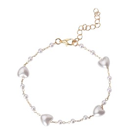 Pearl Beaded Ankle Bracelets for Girls Beach Pearl Anklet for Women Girls Heart Beaded Pearl Bracelet Anklet for Women Girls Faux Pearl Anklet for Women Gold Chain Anklet Bracelets for Women