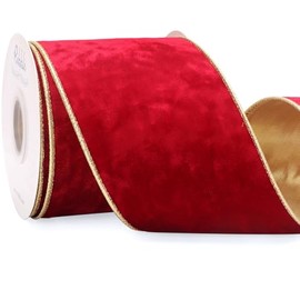 Ribbli Red Velvet Wired Ribbon 4 Inch Metallic Crushed Velvet Christmas Ribbon for Gift Wrapping Christmas Tree Decoration Crafts Wreaths Supplies-Continuous 10 Yards