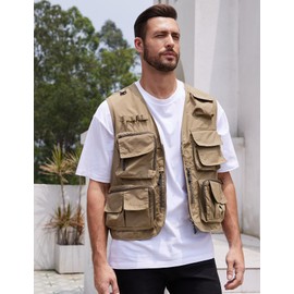Yimoon Men’s Utility Vest Fishing Travel Safari Photo Cargo Vest Outdoor Work Mesh Vest with Pockets Sleeveless Jacket(Khaki-XL)