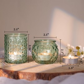 DARJEN 12Pcs Green Votive Candle Holders with 12Pcs Tea Lights Candles- Round Glass Candle Holders Bulk for Table Centerpiece, Tea Lights Candle Holders for Wedding Home Party & Gift