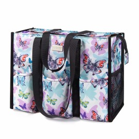 TOPDesign Utility Water Resistant Tote Bag with 13 Exterior & Interior Pockets, Top Zipper Closure & Thick Bottom Support (Butterfly)