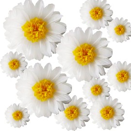 Daisy Tissue Paper Pom Poms, Floral Hanging Decorations, 12 and 8 Inch Assorted Sizes, 10 Pack, White and Yellow for Parties, Weddings, Baby Showers, Birthday, Classroom Decor