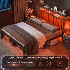 Homkdom Metal Queen Bed Frame with 2-Tier Storage Headboard, Bed Frame Queen Size with LED Light, Victorian Mattress Foundation Under Bed Storage/No Box Spring Needed/Noise-Free/Easy Assembly, Black