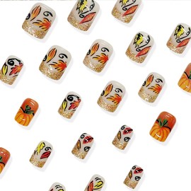 Fall Press on Nails Short Square Maple Leaf Fake Nails Fall Glitter French Tip Glue on Nails Orange Pumpkin Design Full Cover Thanksgiving False Nails Artificial Autumn Acrylic Nails for Women 24Pcs