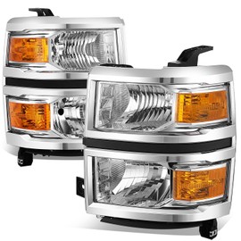 Auto Dynasty Headlights Assembly Compatible with 2014 2015 Chevy Silverado 1500, Driver and Passenger Side Halogen Headlamps Replacement, OE Style GM2502280 GM2503280, Chrome Housing Amber Corner