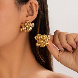 Gold Beads Stud for Women Irregular Geometry Stud Chunky Gold Statement Earrings Hypoallergenic Gold Jewelry Gifts (Gold)