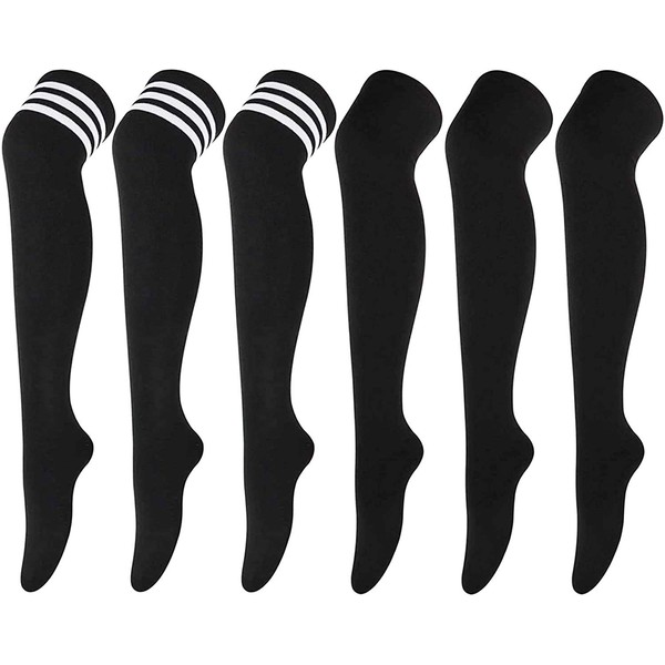 DRESHOW 6 Pairs High Thigh Socks Striped Over Knee Thin