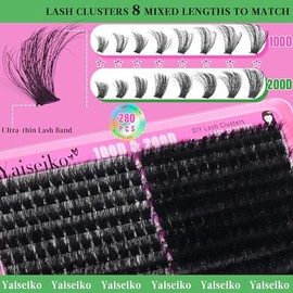 Yaiseiko Lash Clusters Kit 100D+200D Thick Volume Eyelash Clusters Kit 12-25mm Wispy Individual Lashes D Curl Long Cluster with Lash Bond and Seal Waterproof DIY Lash Extension Kit(KIT-280PCS)