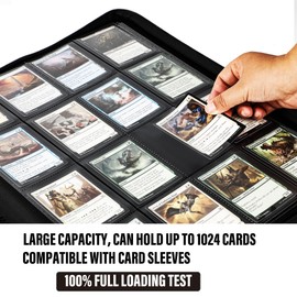 KarlyPro Premium 1000+ Pockets Card Binder, 16-Pocket Ringless Trading Card Album Folder Tag Design -Double Side Loading UltraSonic-16 1024 Tech Zip Binder for TCG-Black