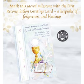 Trendzeen First Reconciliation Greeting Card - Envelope, First Reconciliation Pin - Glitter Embossed 1st Penance Card, Forgiveness Lamb Pin Set - 2 Items