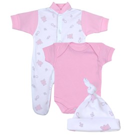 Premature Early Baby Girls Clothes 3 Piece Set - Sleepsuit, Bodysuit & Hat 5.5lb - 7.5lb PINK TEDDY 44-50cm…