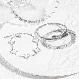 KIOGIU Womens Bracelet 18K Gold Plated Cuff Bangle Clover Bracelet Set for Women Four Leaf Lucky Bangle Jewelry Gift of Love (Silver White, 6.5")