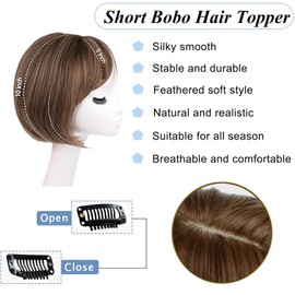 Hair Toppers Hair Short Bob Wig Topper 6.5x6.5 Inch Large Base Synthetic Hairpiece with Clip-in/Side Bangs Invisible Breathable Net 360°3D Coverage for Extra Volume (Brown)