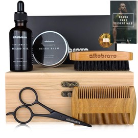 altobravo Premium Beard Kit for Beard Grooming and Care for Men w/Natural Organic Beard Oil, Beard Balm Butter Wax, Beard Scissors, Wood Comb, Boar Bristle Beard Brush and Wood Box - Gifts for Men