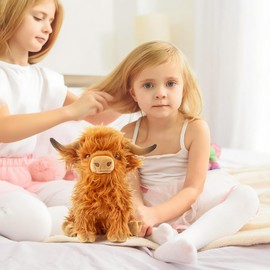 FSUGT Highland Cow Stuffed Animal Toy, Adorable Highland Cow Plush, Scottish Cow Plush Toy, Farm Animal Cattle Plush Decor Gifts for Kids Baby Girls Boys (Brown Cow)