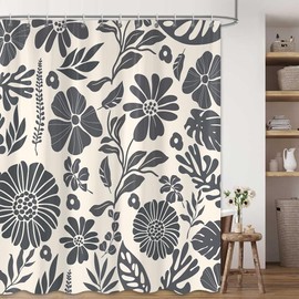 iTapnoom Black Floral Shower Curtain, Vintage Cottagecore Boho Cute Mid Century Abstract Flower Leaves Bathroom Curtain Set, 72x72 in Polyester Waterproof Fabric with 12 Hooks