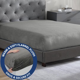 Cathay Home Full Flannel-Plush Fitted Sheet - Ultra Soft & Thick Plush, No-Pilling - All Season Cozy Warmth - 12" Deep Pocket Fitted Sheet Only (Full, Grey)