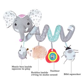 Baby Car Seat Toys, Infant Activity Spiral Toys Hanging Stroller Toys for Baby with Musical Owl Rattles Hedgehog Beep Ladybug Squeaker - Gray Elephant Toys for Newborn Baby 0 3 6 12 Months