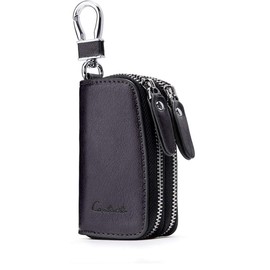 Leather Key Fob Case for Men-Key Fob Cover Car Auto Parts Car Case,Genuine Leather Car Smart Keychain Holder Metal Hook and Keyring Zipper Bag for Remote Key Fob (Black)