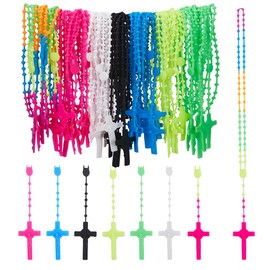 DICOSMETIC Pack of 56 Cross Chains in 7 Colours Rosary Beads Necklace Made of Plastic Luminous Cross Necklace Glow in the Dark Y Necklace Prayer Jewellery for Women Men and Women, Plastic, No Gemstone