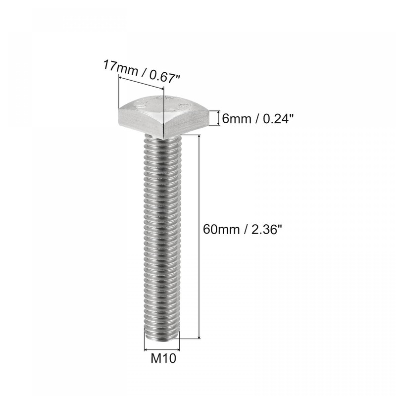 uxcell Square Head Bolt, M10x60mm Fully Thread 304 Stainless Steel