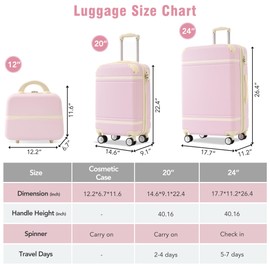 Udorich 3-Piece Hardshell Luggage Set with Lightweight Design, Includes 20" & 24" Cases, Cosmetic Case in Light Pink