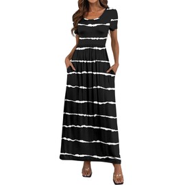 HAOMEILI Women's Short Sleeve Loose Maxi Dresses Casual Long Dresses with Pockets S-Striped Black