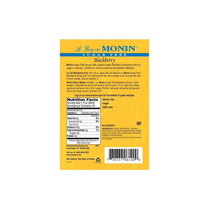 Monin Sugar-Free Blackberry Syrup Plastic Bottle, 1 Liter (33.8 fl