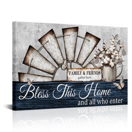 Visual Art Decor Farmhouse Windmill Wall Decor Bless This Home Sign Rustic Farm Style Room Decor Framed 16x24inch Kitchen Bedroom Living Room Decor (Blue)