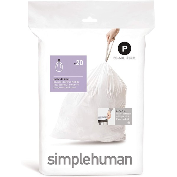 simplehuman Code P Custom Fit Drawstring Trash Bags, 50-60 Liter / 13.2-15.9 Gallon, White, 20 Count