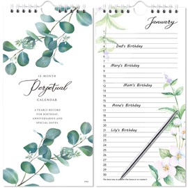 Perpetual Calendar – Undated Calendar 12-Month for Birthday, Anniversaries, Important Days, Festivals Reminder, 5'' x 10'' Perpetual Calendar with Twin-wire Binding, Thicker Paper, Birthday Reminder Book