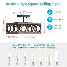 XINGQI Modern 4-Light 13'' Farmhouse Vintage Semi Flush Mount Ceiling Light Fixture for Living Dining Room Bedroom, Antique Wood Grain+Black Finish with Square Metal Shade,E12 Bulbs