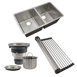 Design House 110080 Rectangular Double Bowl 32x18x10-inch 18-Gauge Undermount Stainless Steel Kitchen Sink Combo with Sink, Roll-Up Drying Rack and Drain Strainer Basket
