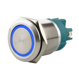 SeKi Stainless Steel Push Switch Diameter 22 mm Locking Flat Head Shape Coloured Illuminated LED Ring in Blue Screw Connection