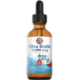 KAL Ultra Biotin DropIns 10,000 mcg Supplement | Healthy Hair Growth Formula | Skin Health and Strong Nails Support | Natural Mixed Berry Flavor | 2 ounces