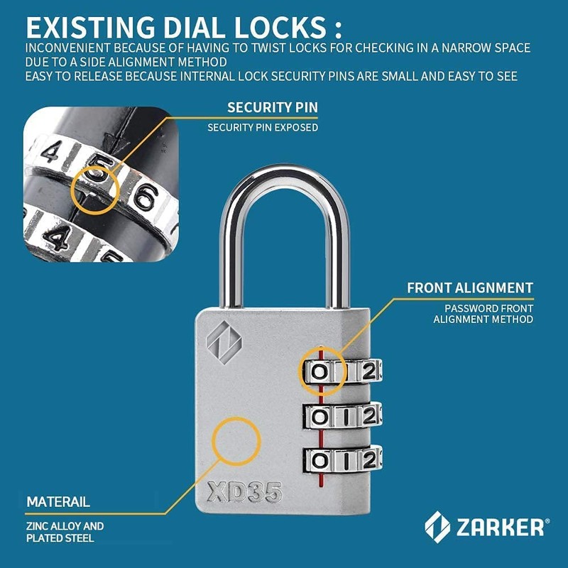Zarker XD35 Combination Lock, 3-Digit Padlock for School Gym Sports