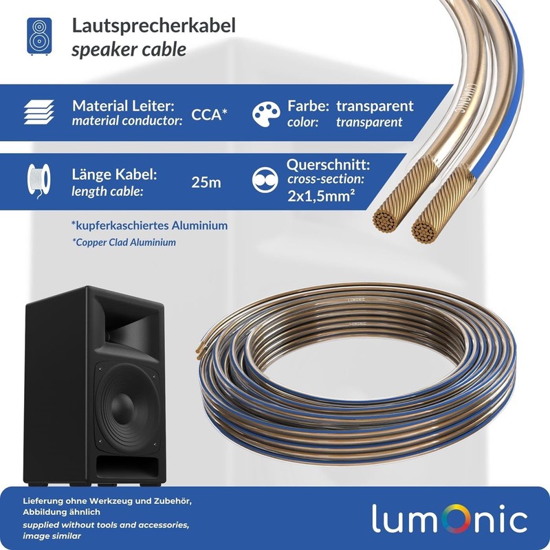 Lumonic Lautsprecherkabel | 25m Transparent | 2X 1,5mm² CCA |