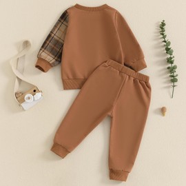 Bufarromio Autumn Baby Boys 2pcs Outfits Classic Plaid Print Patchwork Long Sleeves Tops Drawstring Pockets Pants Toddler Boy Clothes Set (Khaki, 18-24 Months)