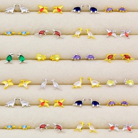 Tourmaline Dinosaur Earrings 925 Sterling Silver Dinosaur Earrings with Purple Stone Gold Plated Size 5mm Tourmalina by Martina, 5mm, Sterling Silver, Oxyde de Zirconium, Sterling Silver, Zircon